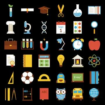 Big Flat Back to School Objects Set over Black Background Stock Illustration