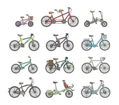 Big flat graphic design set of different bicycles. Stock Illustration