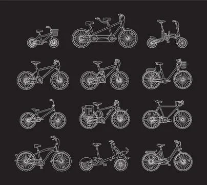 Big flat graphic design set of different bicycles. Stock Illustration