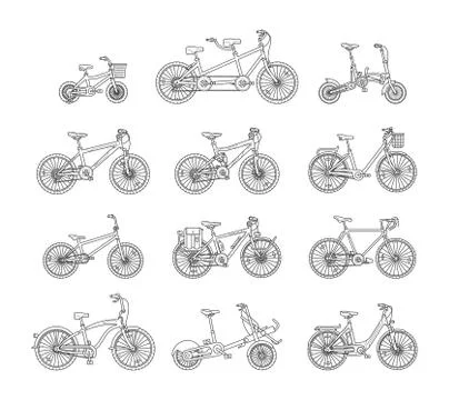 Big flat graphic design set of different bicycles. Stock Illustration