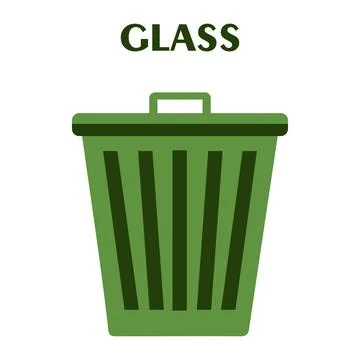 Big Flat green recycle garbage can with text Glass. Trash bin in cartoon styl Stock Illustration