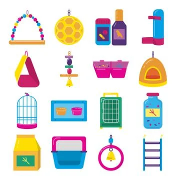 Big flat icon set of accessories for bird in cage Stock Illustration