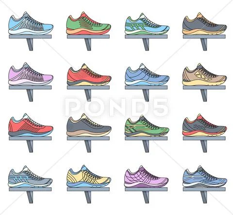 Big flat illustration collection set of sneakers running, walking, shopping Stock Illustration