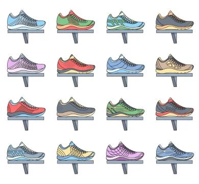 Big flat illustration collection set of sneakers running, walking, shopping Illustrazione stock