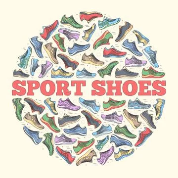 Big flat illustration collection set of sneakers running, walking, shopping Stock Illustration
