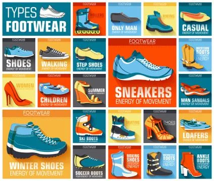 Big flat illustration collection set of shoe wear classic, retro, trend, sport Stock Illustration