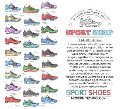 Big flat illustration collection set of sneakers running, walking, shopping Illustrazione stock