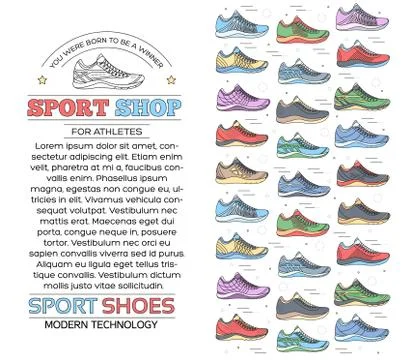 Big flat illustration collection set of sneakers running, walking, shopping Stock Illustration