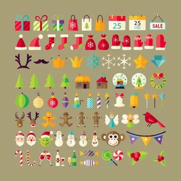 Big Flat Style Vector Collection of Winter Holidays Objects Stock Illustration