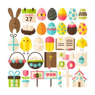 Big Flat Style Vector Collection of Happy Easter Objects イラスト素材