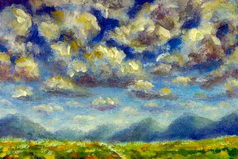 Big fluffy clouds over the mountains abstract background impressionist painti イラスト素材