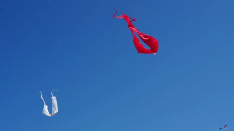 Big Flying red and white Kites on blue background. Stock Footage 161429751