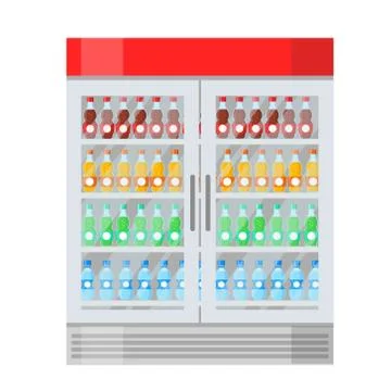 Big fridge with different bottles of juice, water and drinks in cartoon flat  Ilustración de archivo