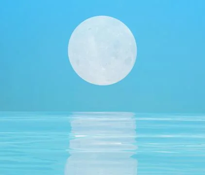 Big full moon over clear blue water. 3d illustration Ilustração Stock
