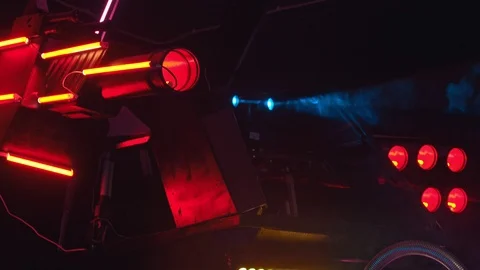 A big future technology military machine in bright lazer lights Stock Footage 116183624