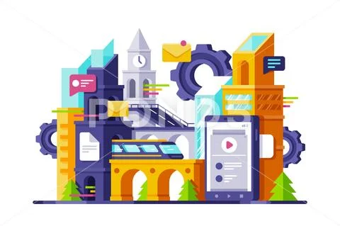 Big futuristic steampunk technology city with online mobile communication, mail Stock Illustrationen