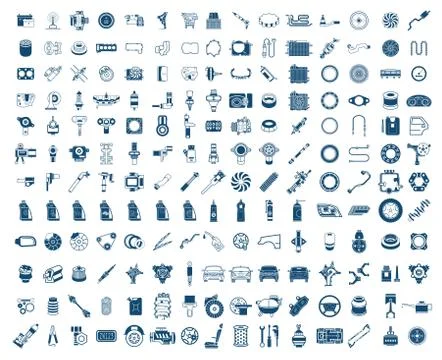 Big garage set. Vector car parts set outline details. Isolated Stock Illustration