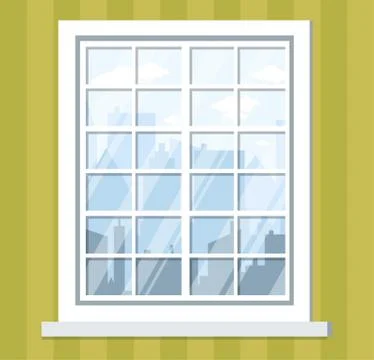 Big glass window with skyscraper view, office interior with look at city line Stock Illustration