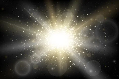 Big glowing explosion with sun beams realistic effect isolated on black sky Stock Illustration