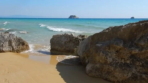 The big golden sandy beach of Mounta with blue sea in Cephalonia, Greece Stock Footage 81282319