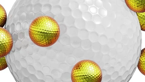 Big golf ball with many rolling small gold golf balls rendered in UHD Video stock 265842057