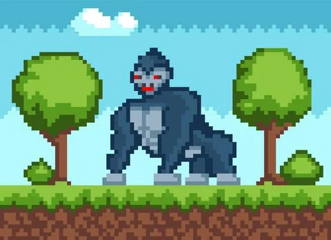 Big gorilla in forest in pixel-game. Animal walks in woods among trees. King Ilustración de archivo