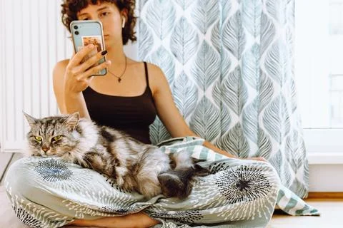 Big gray fluffy cat on lap of teenager girl Stock Photos