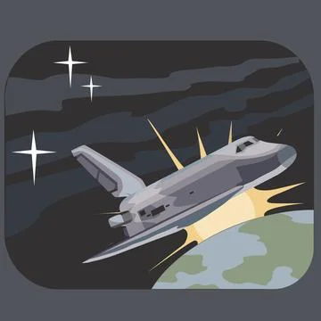 Big gray shuttle flies in dark space over the planet, vector illustration, Stock Illustration