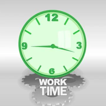 Big green 3d clock with work time text. Reflection on the glass, silver gears Stock Illustration
