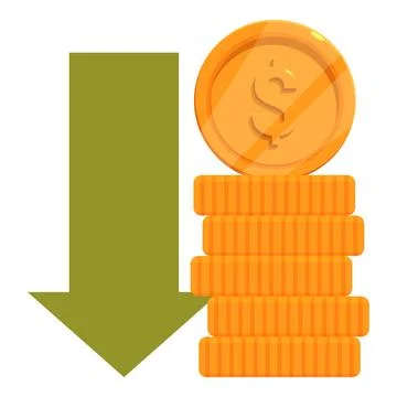 Big green arrow pointing down next to stack of golden coins indicating market Stock Illustration