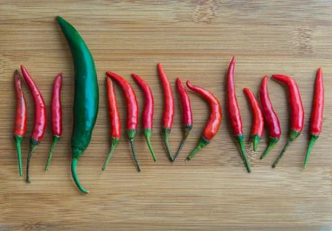 A big green chilli pepper in small Red chilli pepper on chopping block Stock Photos