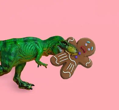 Big green dinosaur eats ginger man. Funny Christmas card. Stock Photos