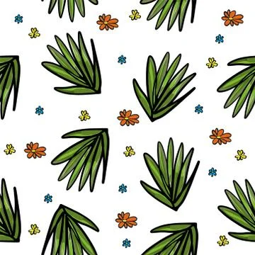Big green leaves. Seamless pattern leaves and flowers on a white background. Stock Illustration