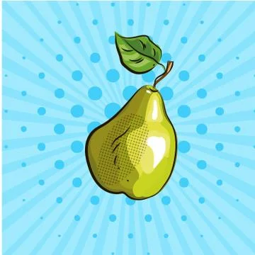 Big green pear on blue background, lines, dots, splash. Hand drawing in pop art Stock Illustration