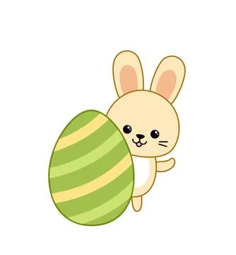 Big green striped Easter egg with cute little bunny. Cartoon, vector 스톡 일러스트