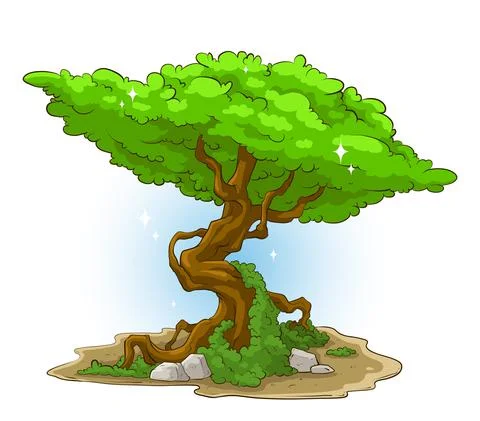 Big green tree with moss and stone Stock Illustration