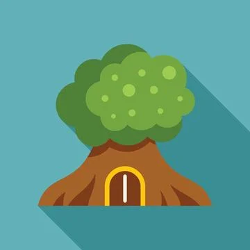Big green tree with small door and roots growing on blue background Stock Illustration
