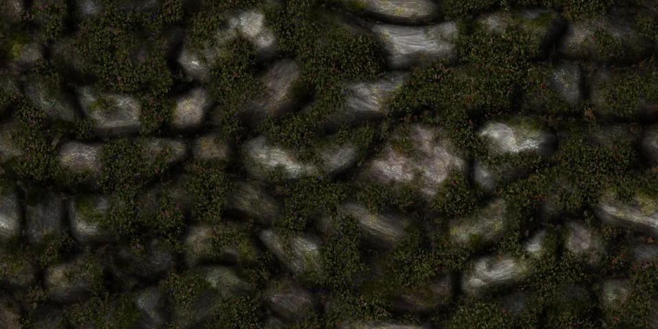 Big greenery boulder wall textures. Green cobblestones fence background. Mo.. Stock Illustration