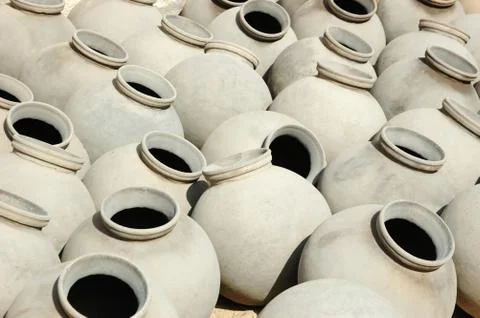 Big grey ceramic jars produced by bishnou people,india,rajasthan,asia Stock Photos