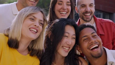 Big group of friends taking selfie picture smiling at camera - Laughing young Stock Footage 251999638