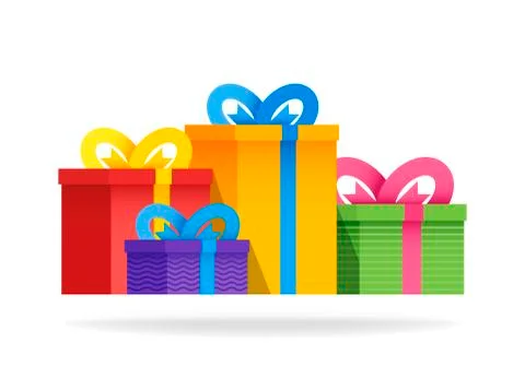 Big group gift boxes with ribbons and bows. Vector flat illustration. Colorfu 스톡 일러스트