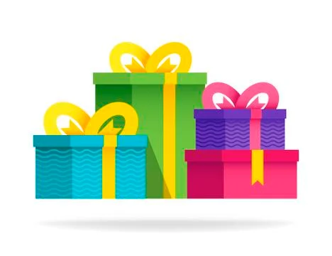 Big group gift boxes with ribbons and bows. Vector flat illustration. Colorfu 스톡 일러스트