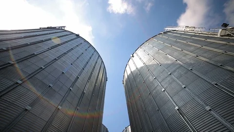 Big group of grain dryers complex for drying wheat. Modern grain silo Stockbeeldmateriaal 107268709