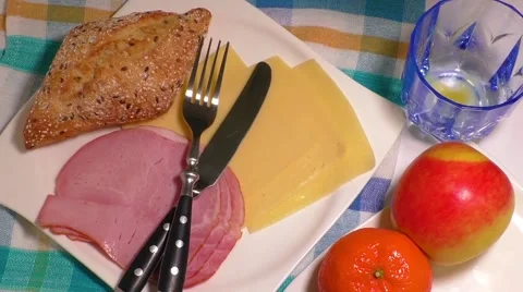 Big group of meat, cheese, bread, juice Stock Footage 58811531