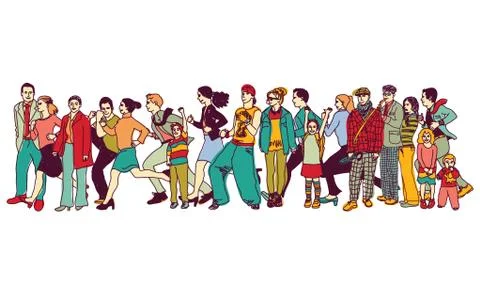 Big group people standing queue tail waiting line Illustrazione stock