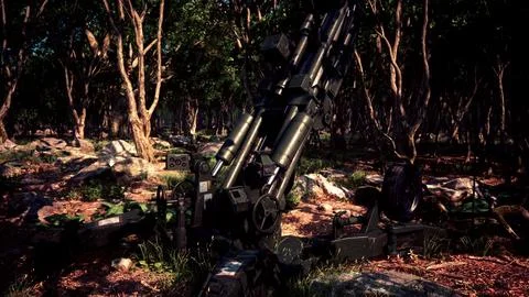 Big gun cannon in the forest Stock Illustration