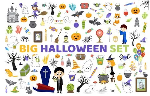 Big Halloween set. Halloween elements. Cartoon, flat, vector 库存插图