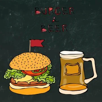 Big Hamburger or Cheeseburger and Beer Mug or Pint. Burger Lettering. Isolated Stock Illustration