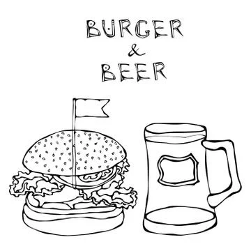 Big Hamburger or Cheeseburger and Beer Mug or Pint. Burger Lettering. Isolated Stock Illustration