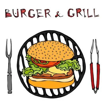 Big Hamburger or Cheeseburger with BBQ Grill, Tongs and Fork for Barbecue Stock Illustration